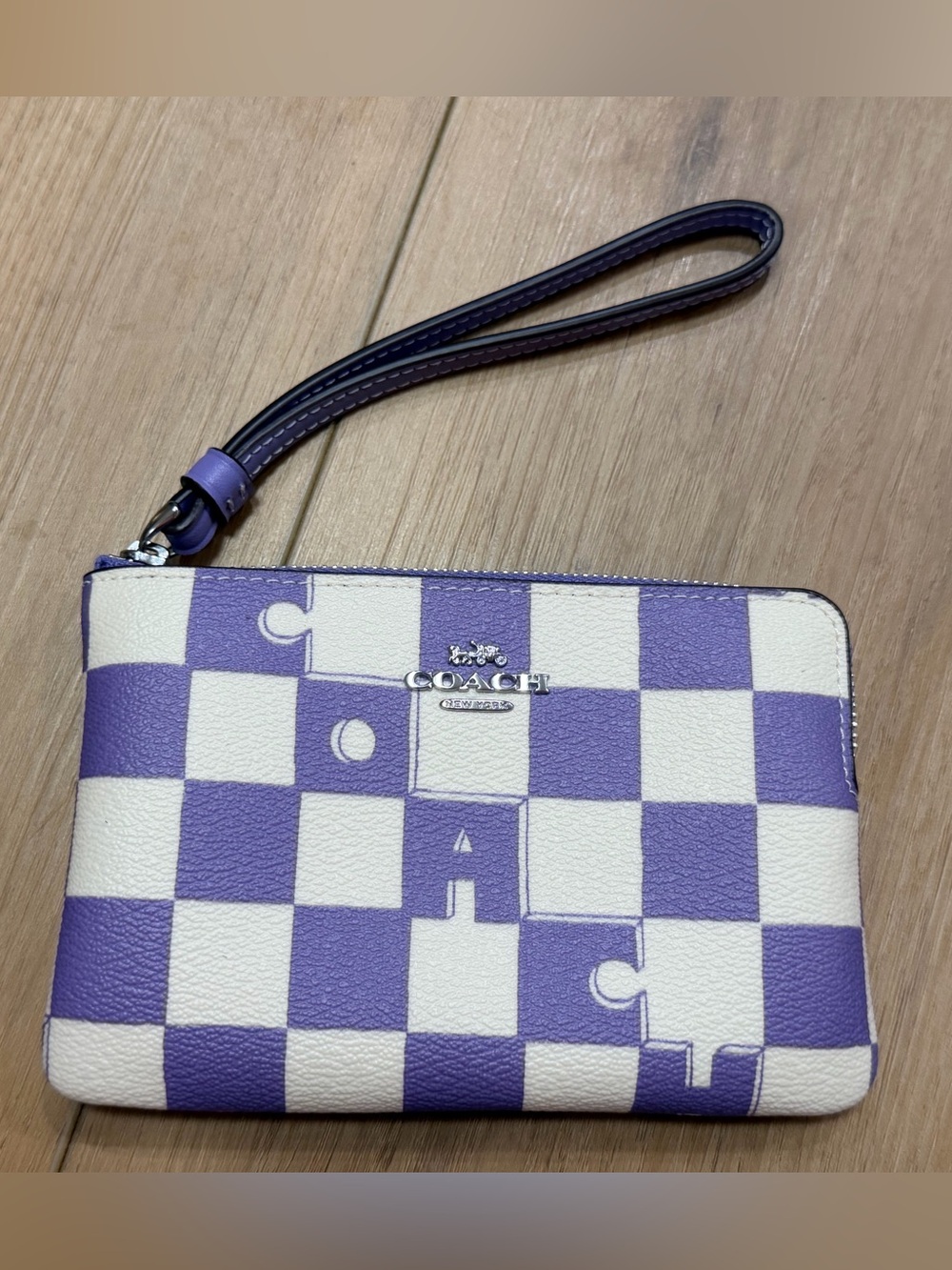 COACH Purple and White Checker Wristlet with Leather Strap